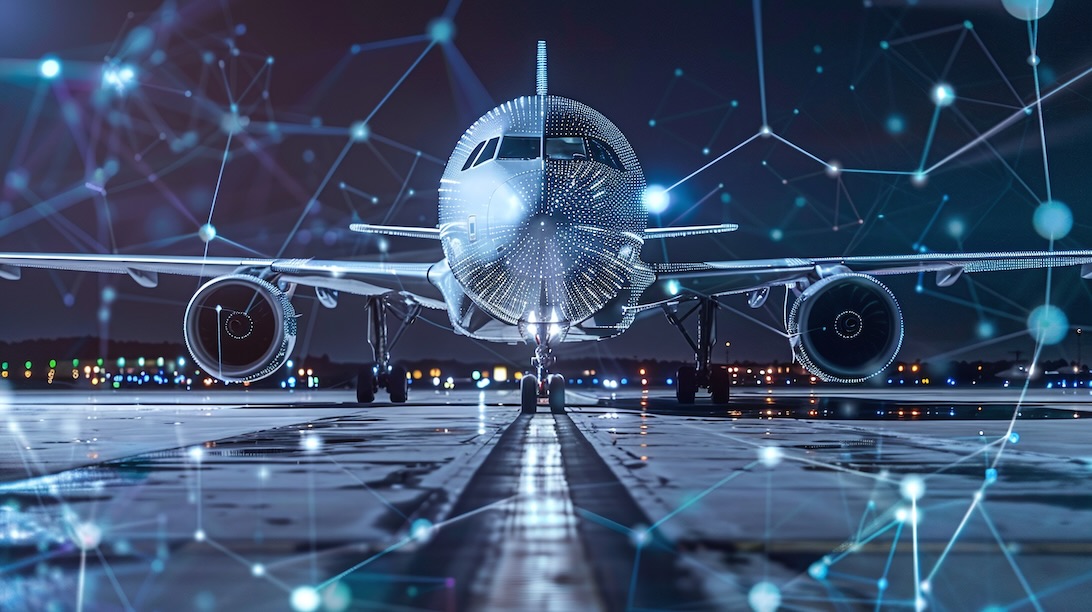 Aircraft on runway with data illustration overlay