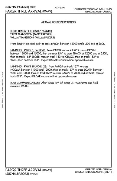 Charlotte Charlotte, NC (KCLT): PARQR THREE (RNAV) (STAR)